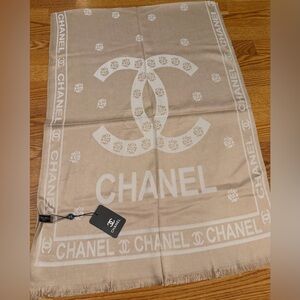 CHANEL Beige Logo & Camellia Jacquard Shawl